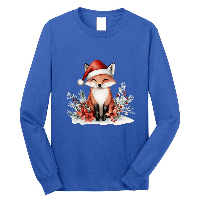 Fox Wearing Santa Hat Christmas Tree Festive Scene Cute Gift Long Sleeve Shirt