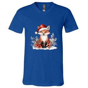 Fox Wearing Santa Hat Christmas Tree Festive Scene Cute Gift V-Neck T-Shirt