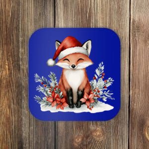 Fox Wearing Santa Hat Christmas Tree Festive Scene Cute Gift Coaster