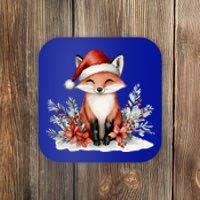 Fox Wearing Santa Hat Christmas Tree Festive Scene Cute Gift Coaster