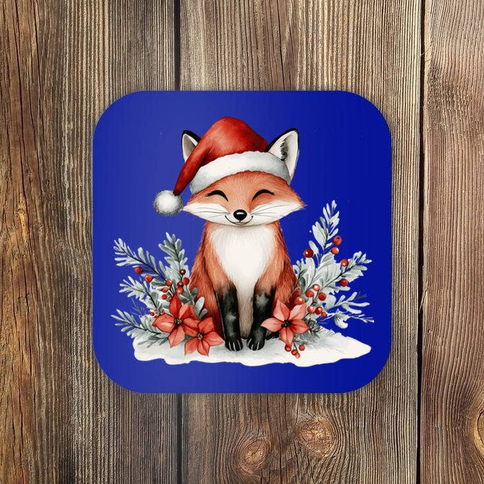 Fox Wearing Santa Hat Christmas Tree Festive Scene Cute Gift Coaster