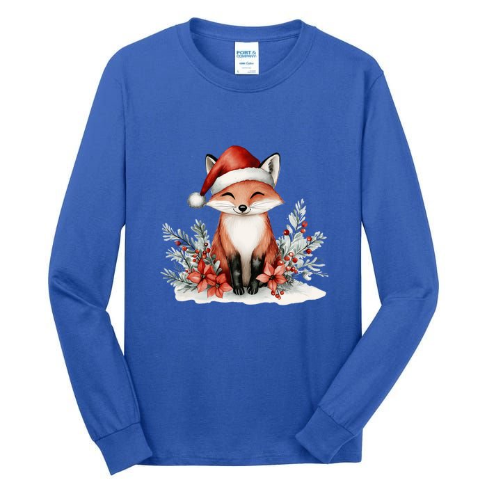 Fox Wearing Santa Hat Christmas Tree Festive Scene Cute Gift Tall Long Sleeve T-Shirt