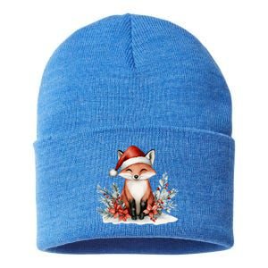 Fox Wearing Santa Hat Christmas Tree Festive Scene Cute Gift Sustainable Knit Beanie