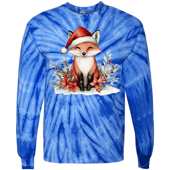 Fox Wearing Santa Hat Christmas Tree Festive Scene Cute Gift Tie-Dye Long Sleeve Shirt