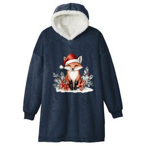 Fox Wearing Santa Hat Christmas Tree Festive Scene Cute Gift Hooded Wearable Blanket