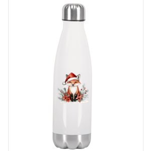 Fox Wearing Santa Hat Christmas Tree Festive Scene Cute Gift Stainless Steel Insulated Water Bottle