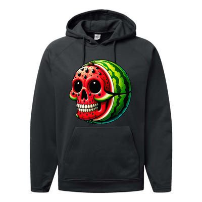 Funny Watermelon Skull Summer Tropical Fruit Lovers Performance Fleece Hoodie