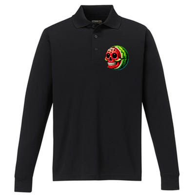 Funny Watermelon Skull Summer Tropical Fruit Lovers Performance Long Sleeve Polo