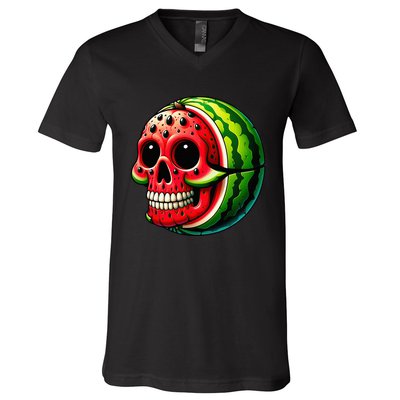 Funny Watermelon Skull Summer Tropical Fruit Lovers V-Neck T-Shirt