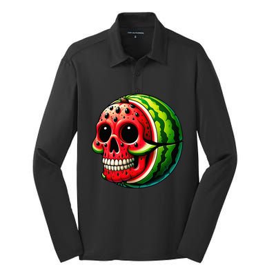 Funny Watermelon Skull Summer Tropical Fruit Lovers Silk Touch Performance Long Sleeve Polo