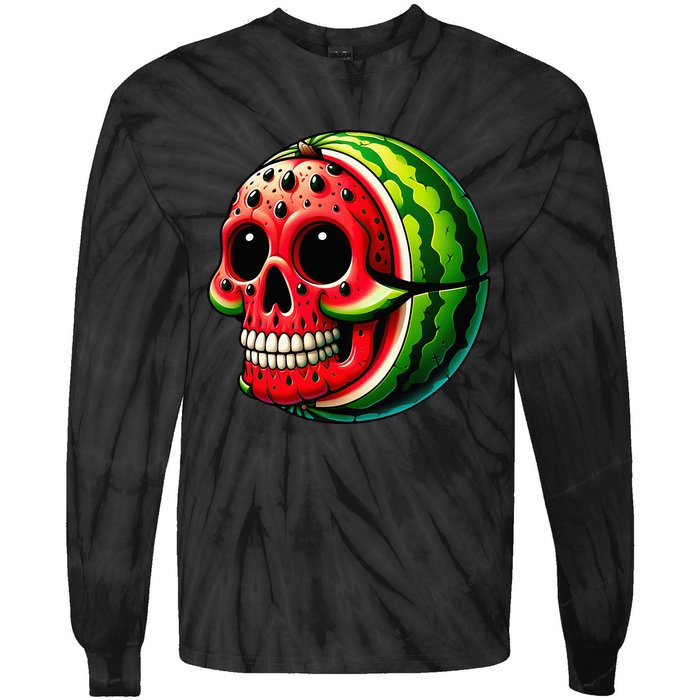 Funny Watermelon Skull Summer Tropical Fruit Lovers Tie-Dye Long Sleeve Shirt