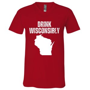 Funny Wisconsin State Map Drinking Trip Drink Wisconsibly V-Neck T-Shirt