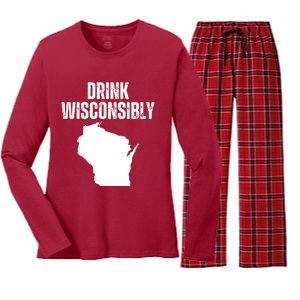 Funny Wisconsin State Map Drinking Trip Drink Wisconsibly Women's Long Sleeve Flannel Pajama Set 