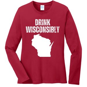 Funny Wisconsin State Map Drinking Trip Drink Wisconsibly Ladies Long Sleeve Shirt