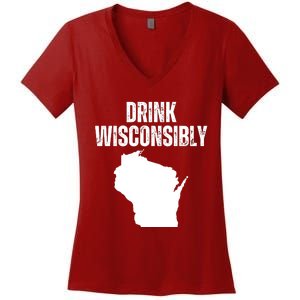 Funny Wisconsin State Map Drinking Trip Drink Wisconsibly Women's V-Neck T-Shirt