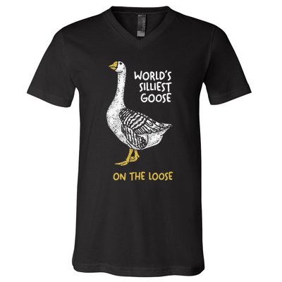 Funny WorldS Silliest Goose On The Loose V-Neck T-Shirt