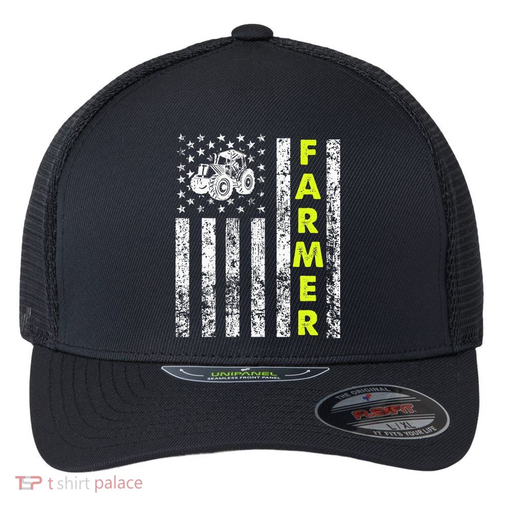Flag With Tractor Patriotic Farmer Flexfit Unipanel Trucker Cap