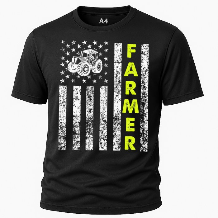 Flag With Tractor Patriotic Farmer Cooling Performance Crew T-Shirt