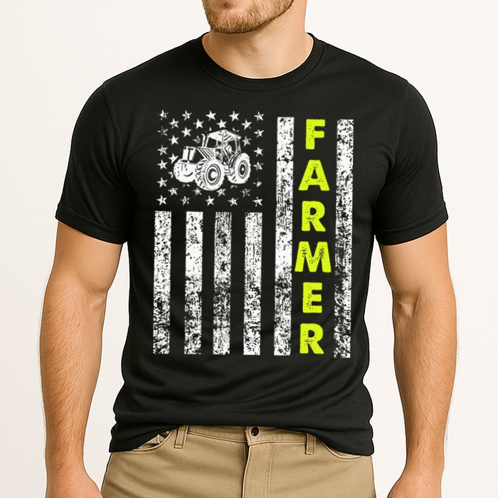 Flag With Tractor Patriotic Farmer Cooling Performance Crew T-Shirt