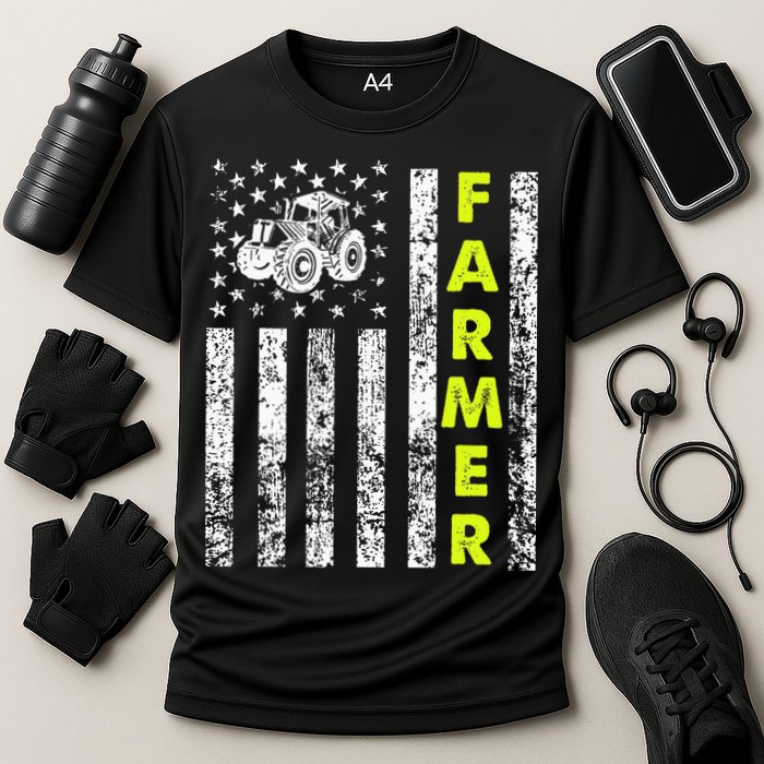 Flag With Tractor Patriotic Farmer Cooling Performance Crew T-Shirt