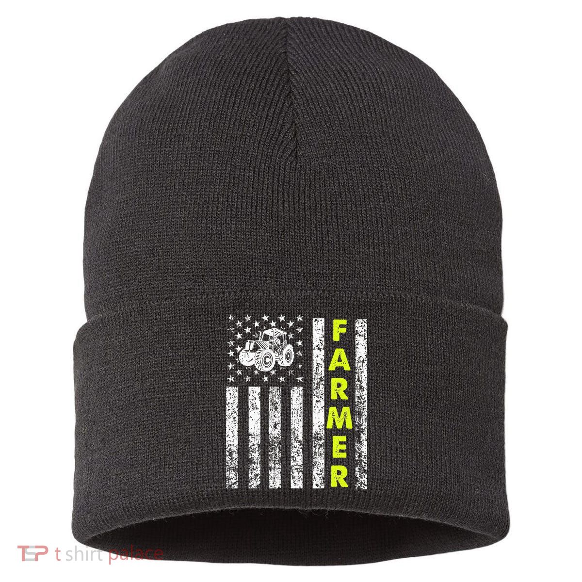 Flag With Tractor Patriotic Farmer Sustainable Knit Beanie