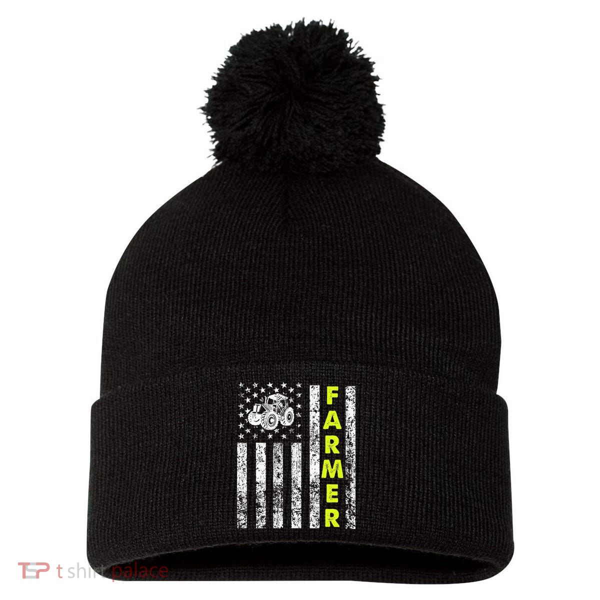 Flag With Tractor Patriotic Farmer Pom Pom 12in Knit Beanie