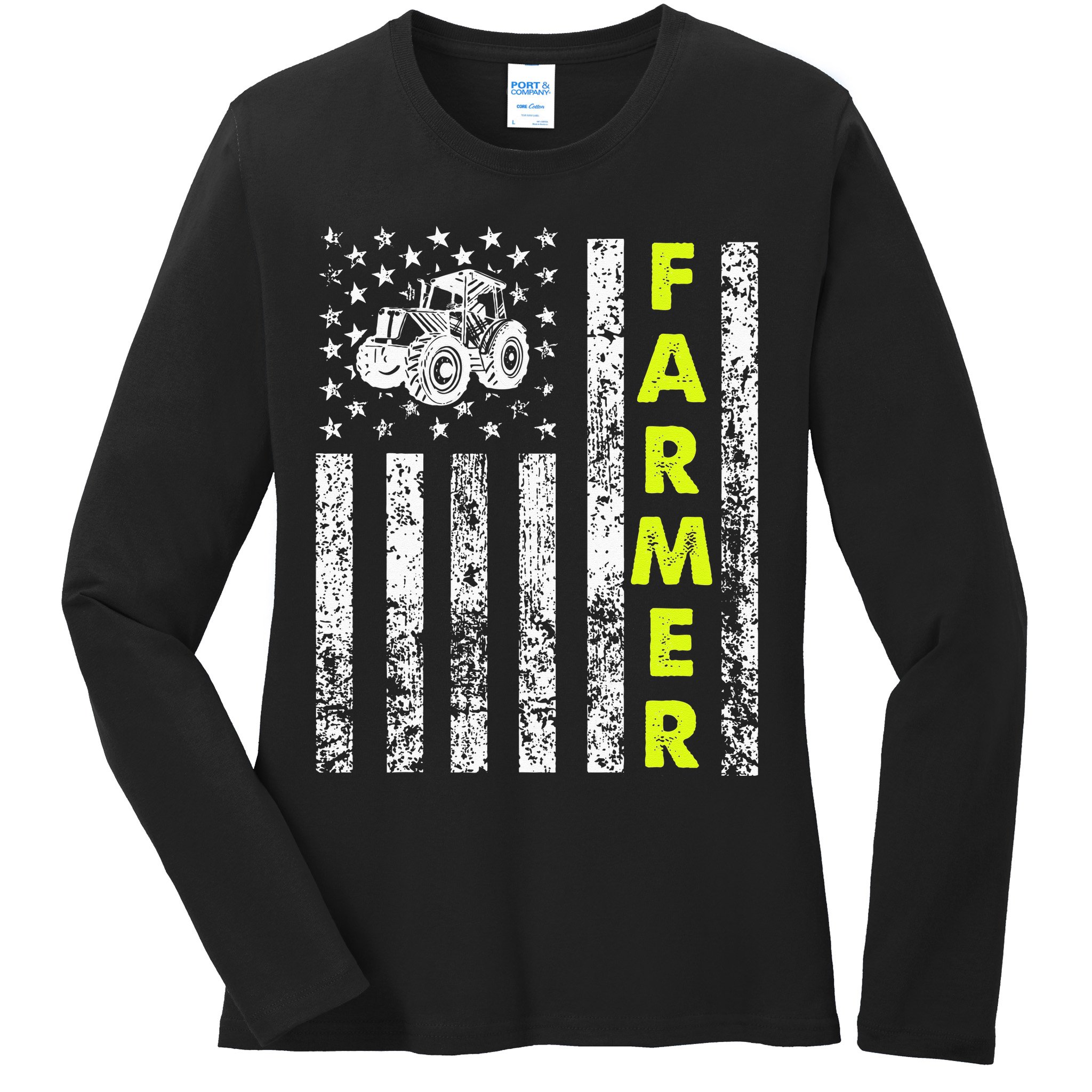Flag With Tractor Patriotic Farmer Ladies Long Sleeve Shirt