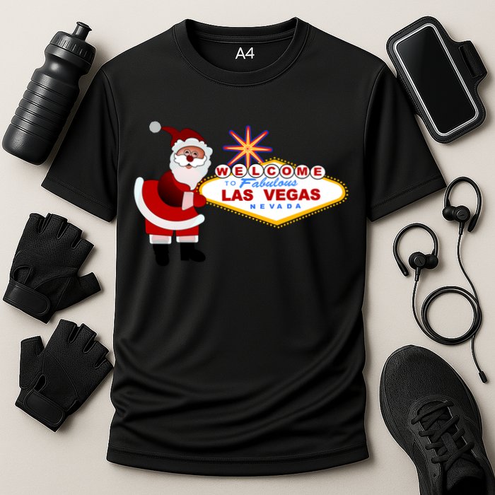 Famous Welcome To Las Vegas Sign With Santa Claus Christmas Cooling Performance Crew T-Shirt