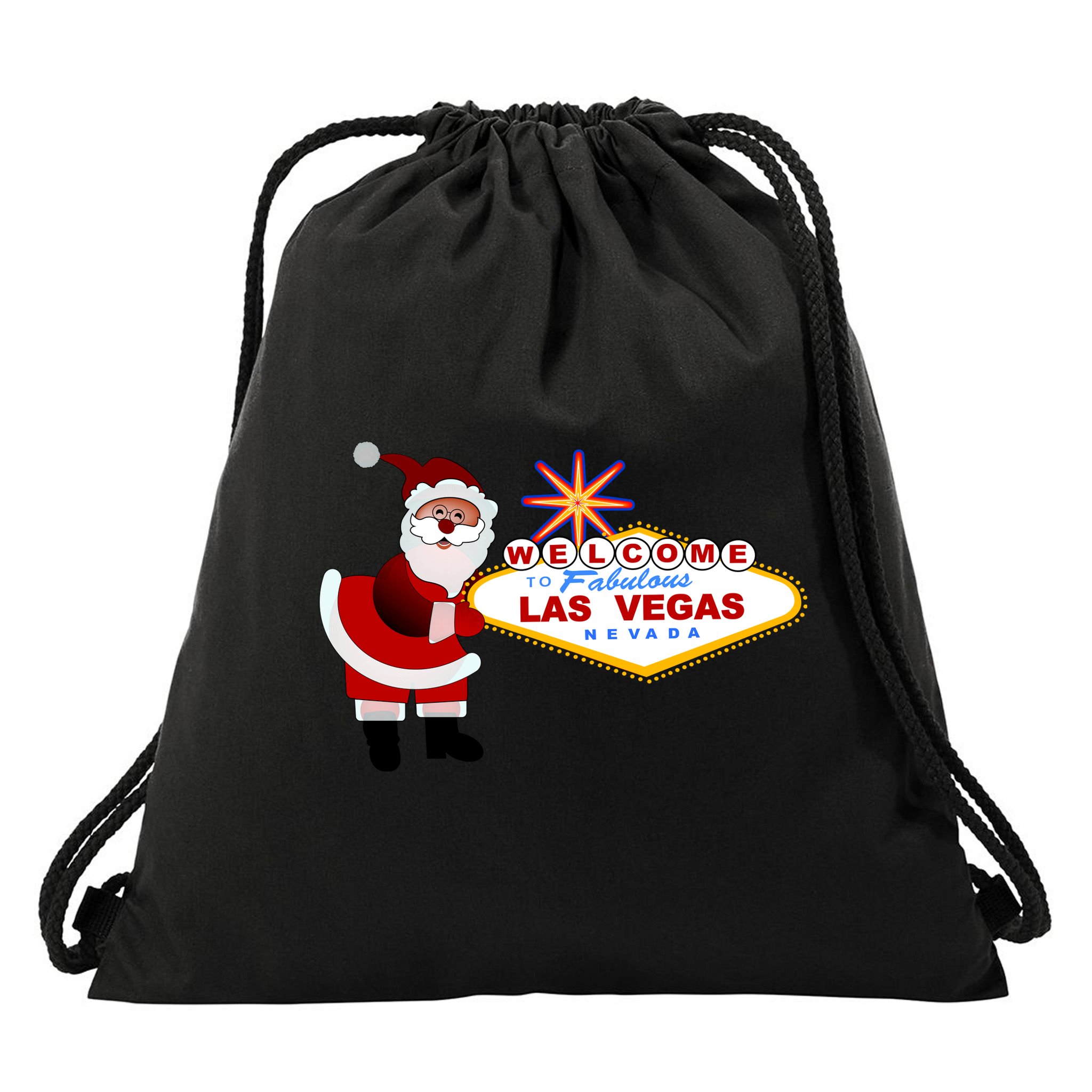 Famous Welcome To Las Vegas Sign With Santa Claus Christmas Drawstring Bag