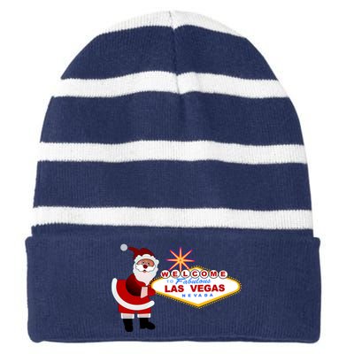 Famous Welcome To Las Vegas Sign With Santa Claus Christmas Striped Beanie with Solid Band