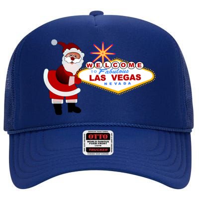 Famous Welcome To Las Vegas Sign With Santa Claus Christmas High Crown Mesh Back Trucker Hat