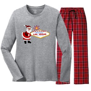 Famous Welcome To Las Vegas Sign With Santa Claus Christmas Women's Long Sleeve Flannel Pajama Set 