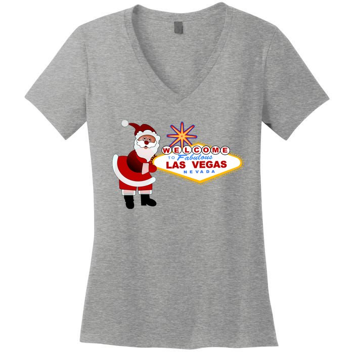 Famous Welcome To Las Vegas Sign With Santa Claus Christmas Women's V-Neck T-Shirt