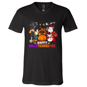 Funny Witch Turkey Santa Happy HalloThanksMas Costume V-Neck T-Shirt