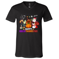 Funny Witch Turkey Santa Happy HalloThanksMas Costume V-Neck T-Shirt