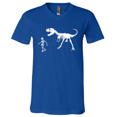 Funny Walking Trex Skeleton Gift Dinosaur Fan Funny Gift V-Neck T-Shirt