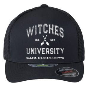 Funny Witches University Salem Massachusetts Witch College Flexfit Unipanel Trucker Cap