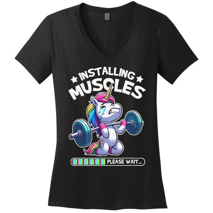 Fitness Weightlifting Unicorn Gym Workout Weight Training Women's V-Neck T-Shirt