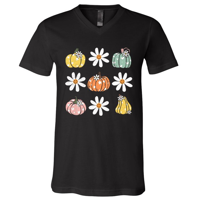 Fall Women Vintage Pumpkin Autumn Graphic Thanksgiving V-Neck T-Shirt