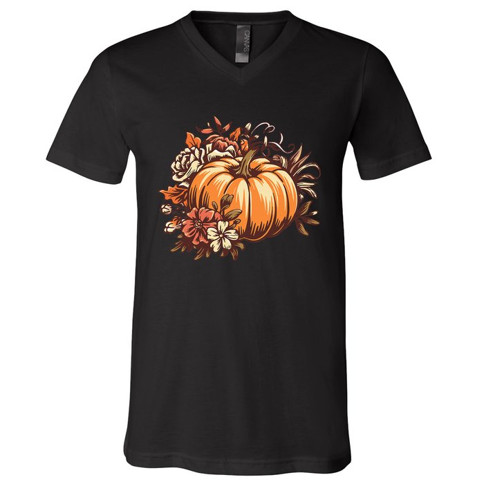 Fall Women Vintage Pumpkin Autumn Graphic Thanksgiving V-Neck T-Shirt