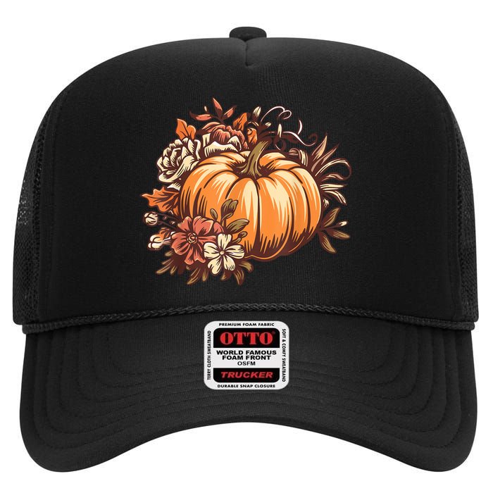 Fall Women Vintage Pumpkin Autumn Graphic Thanksgiving High Crown Mesh Back Trucker Hat