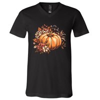 Fall Women Vintage Pumpkin Autumn Graphic Thanksgiving V-Neck T-Shirt