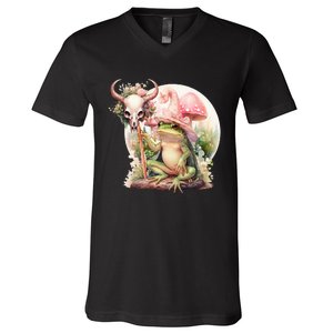 Frog With Witch Hat ShirtSkull Mushroom Everybody Croaks V-Neck T-Shirt