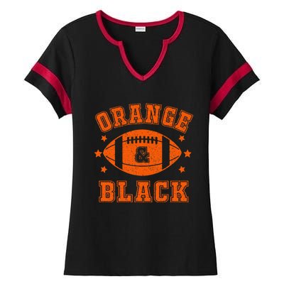 Football We Wear Orange And Black School Spirit Ladies Halftime Notch Neck Tee