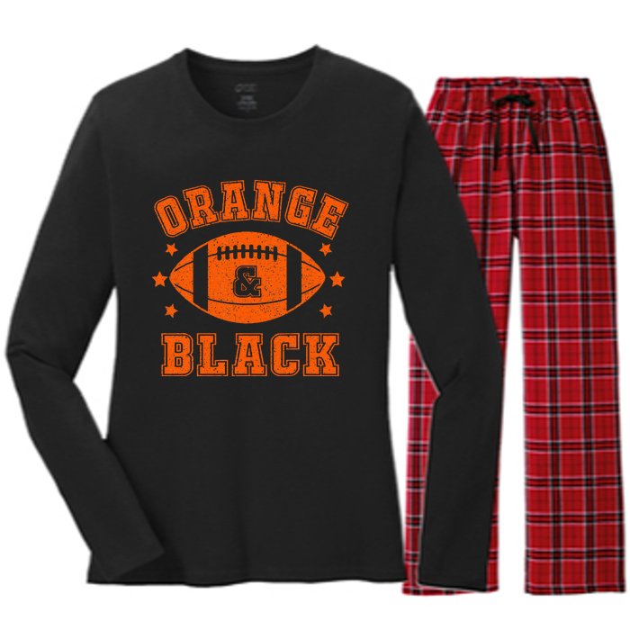 Football We Wear Orange And Black School Spirit Women's Long Sleeve Flannel Pajama Set 