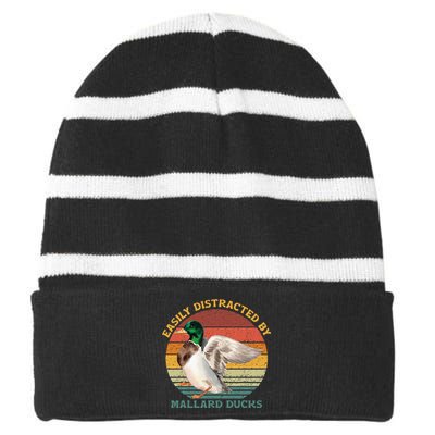 Funny Waterfowl Wild Birds Easily Distracted By Mallard Duck Striped Beanie with Solid Band