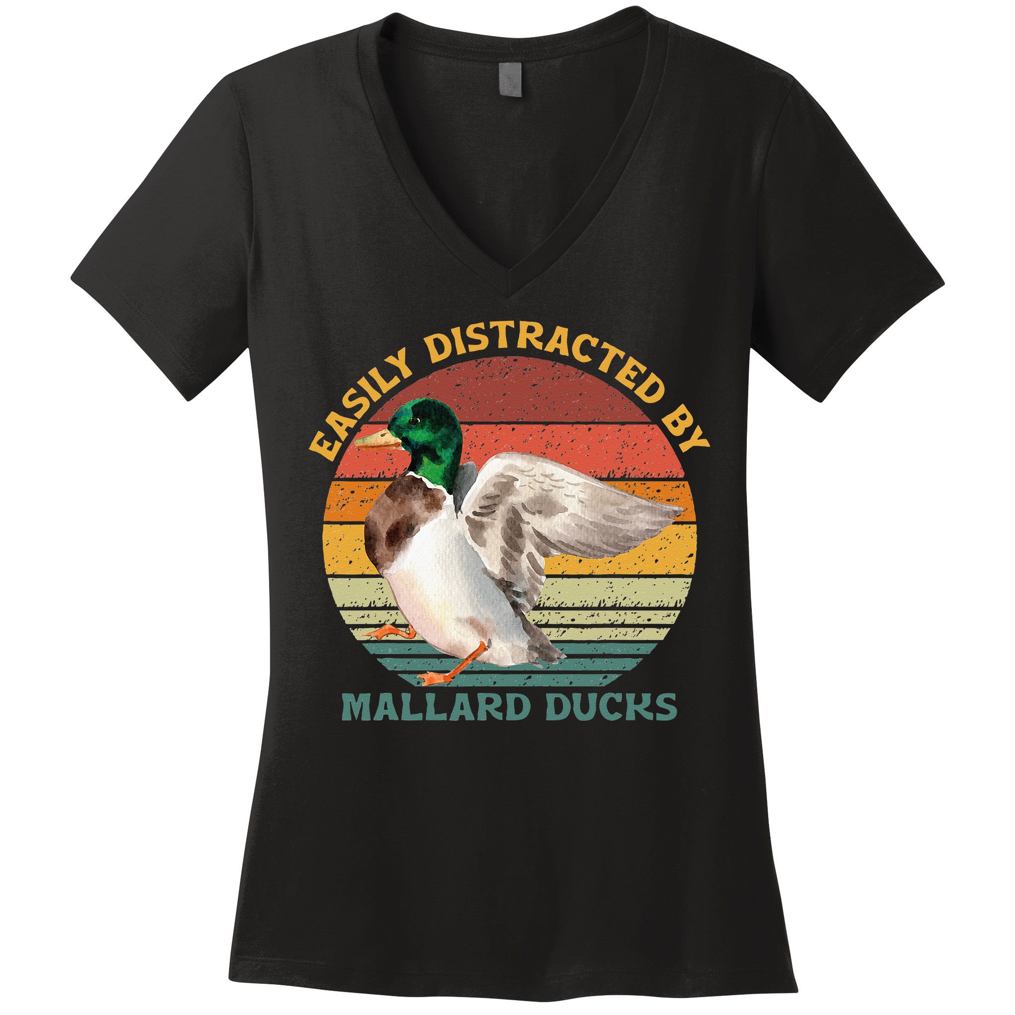Funny Waterfowl Wild Birds Easily Distracted By Mallard Duck Women's V-Neck T-Shirt