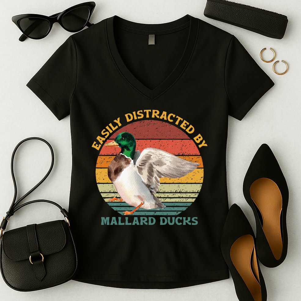 Funny Waterfowl Wild Birds Easily Distracted By Mallard Duck Women's V-Neck T-Shirt