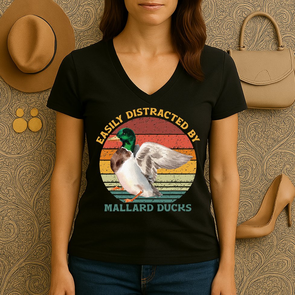 Funny Waterfowl Wild Birds Easily Distracted By Mallard Duck Women's V-Neck T-Shirt