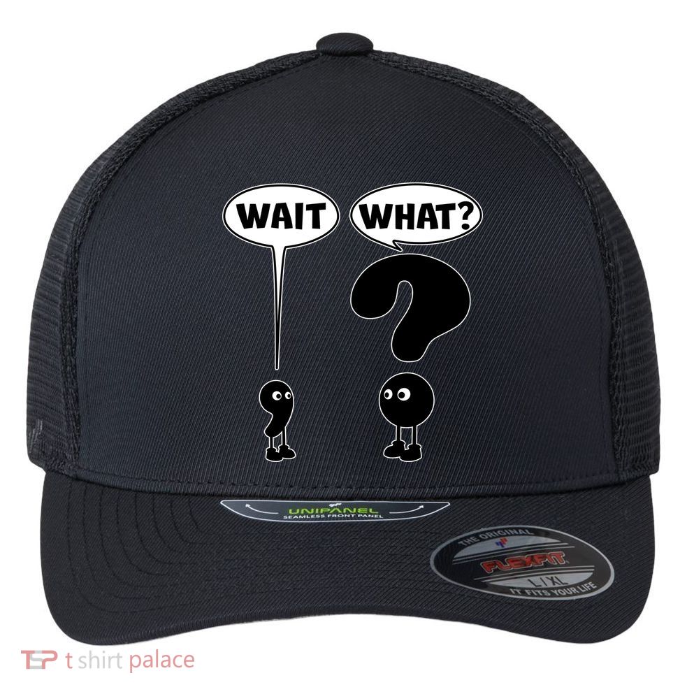 Funny Wait What Comma Question Mark Comic Flexfit Unipanel Trucker Cap
